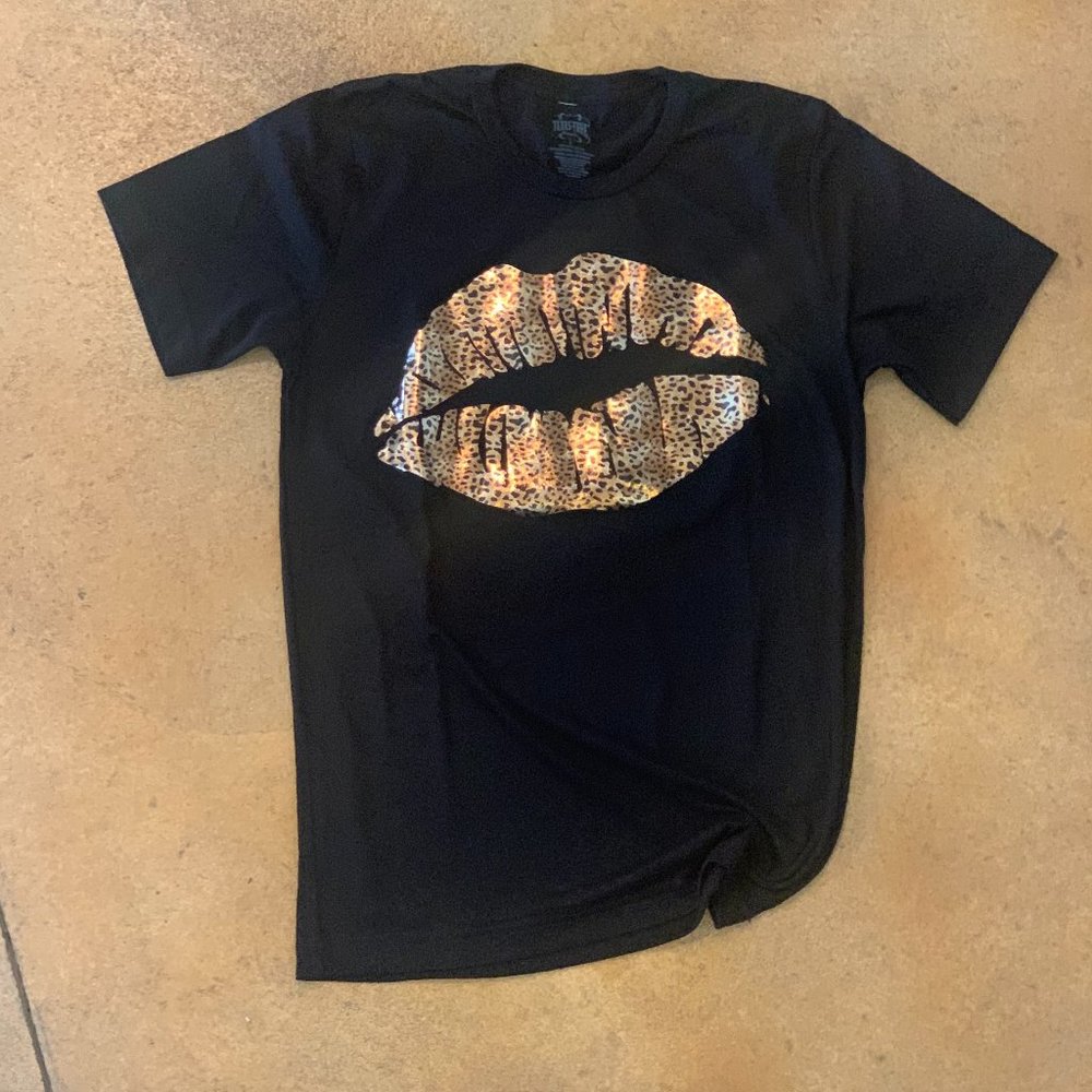 Womens Black Cheetah Lip Graphic Tee